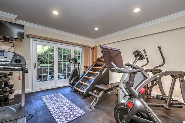 exercise area featuring ornamental molding