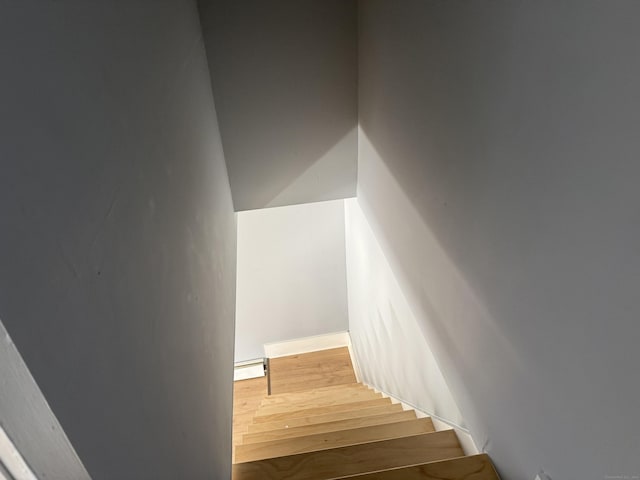 staircase with hardwood / wood-style flooring and baseboard heating