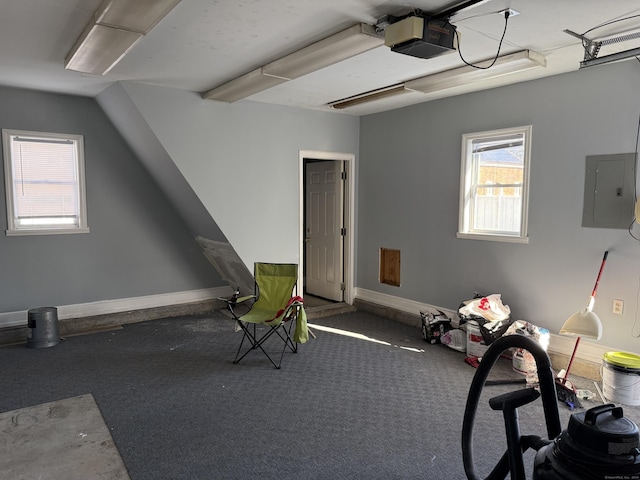 interior space featuring electric panel and dark carpet