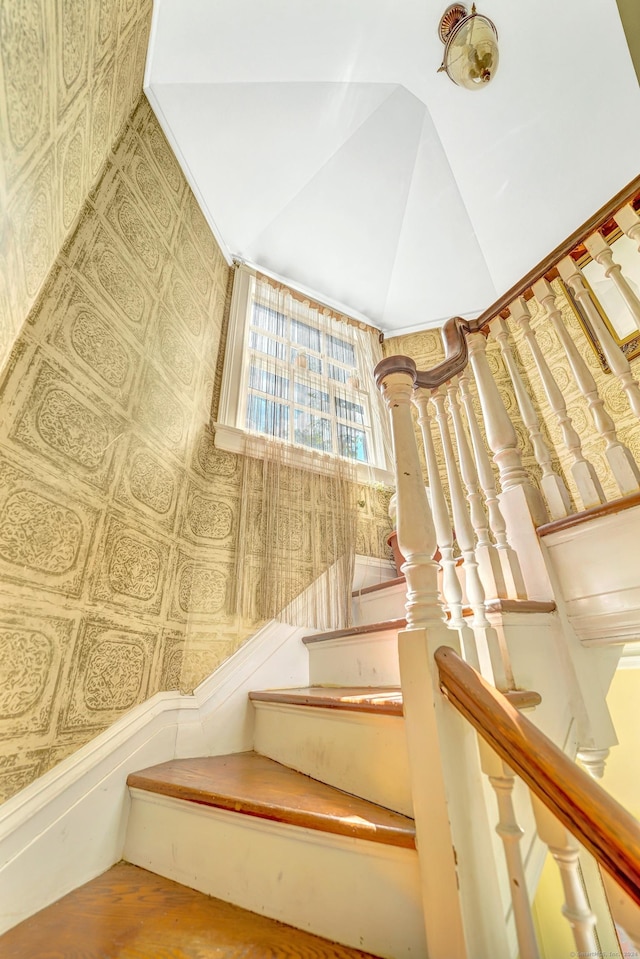 stairs with hardwood / wood-style flooring