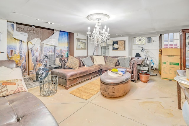 living room featuring a notable chandelier