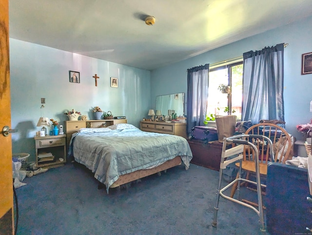 bedroom featuring dark carpet