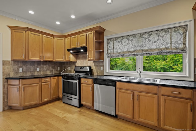 kitchen with sink, backsplash, stainless steel appliances, and light wood-type flooring