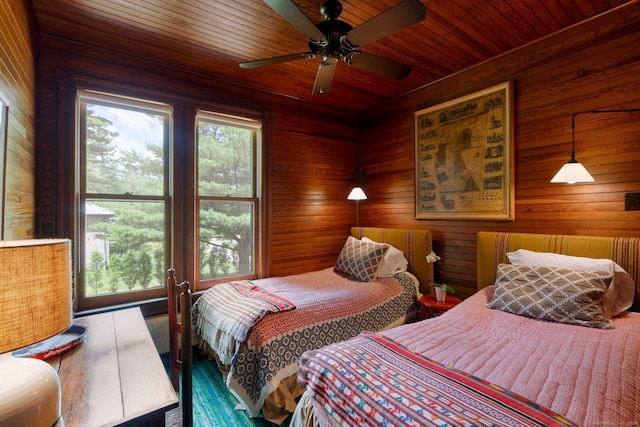 bedroom featuring ceiling fan, wood ceiling, and wooden walls