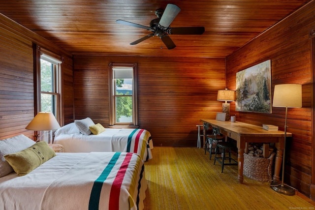 bedroom with ceiling fan, wooden walls, and wood ceiling