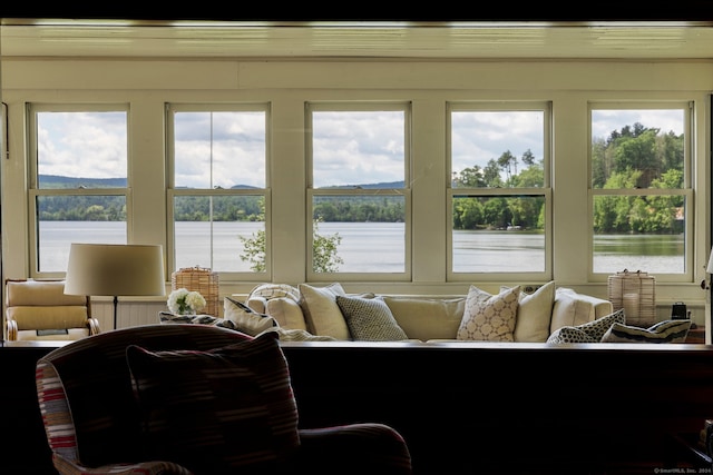 sunroom with a water view and a healthy amount of sunlight