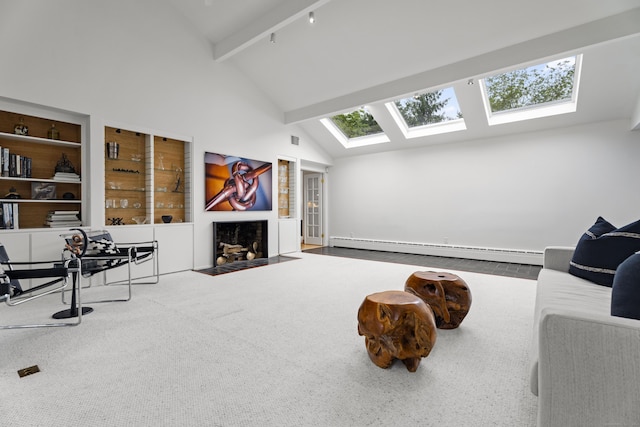 interior space with high vaulted ceiling, a skylight, a baseboard heating unit, beam ceiling, and built in shelves