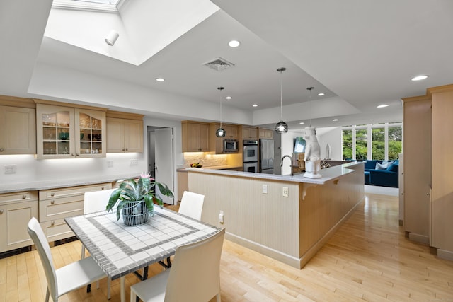 kitchen with appliances with stainless steel finishes, a tray ceiling, a large island, and a skylight