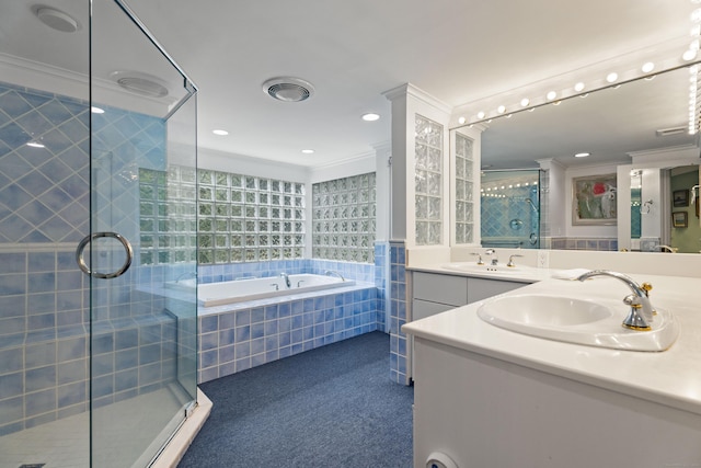 bathroom featuring ornamental molding, vanity, and plus walk in shower