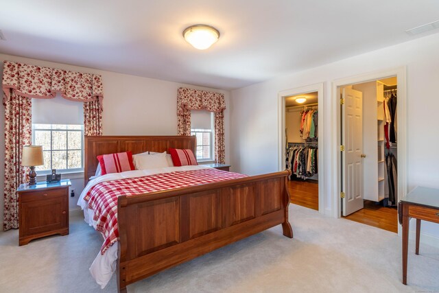 bedroom featuring multiple windows, a spacious closet, a closet, and light carpet