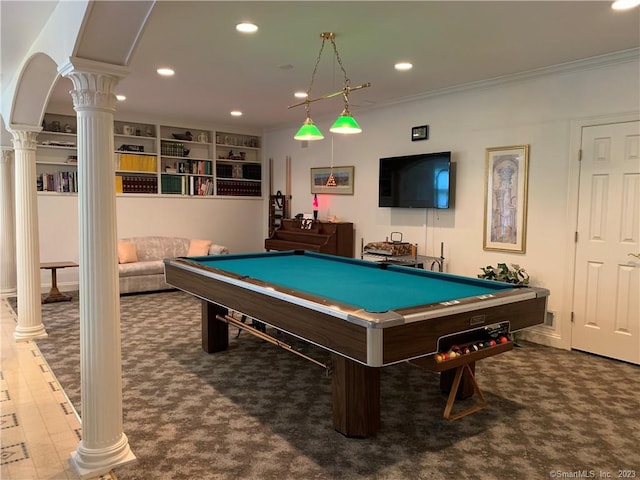 playroom featuring crown molding, ornate columns, carpet flooring, and billiards