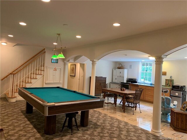 playroom with billiards, ornamental molding, carpet flooring, and ornate columns