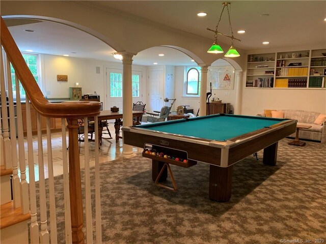 game room featuring ornate columns, carpet, pool table, and crown molding