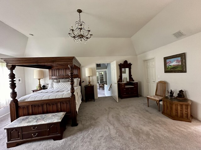 bedroom with lofted ceiling, an inviting chandelier, and carpet flooring