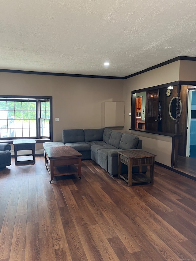 living room with wood-type flooring, a textured ceiling, and ornamental molding