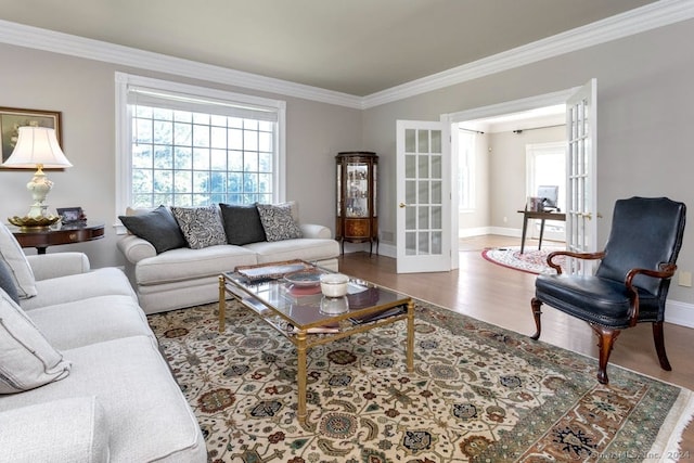 living room featuring crown molding, wood-type flooring, french doors, and a healthy amount of sunlight