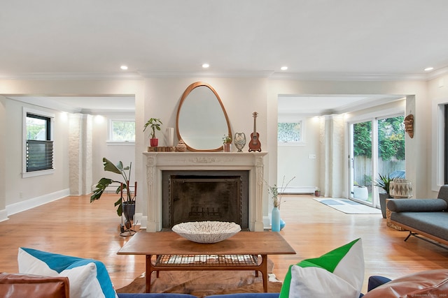 living room with light hardwood / wood-style floors, ornamental molding, and a baseboard heating unit