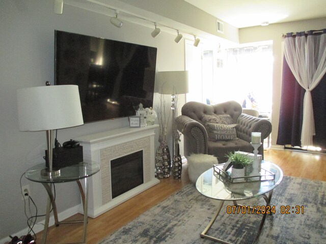 living room with hardwood / wood-style flooring and rail lighting