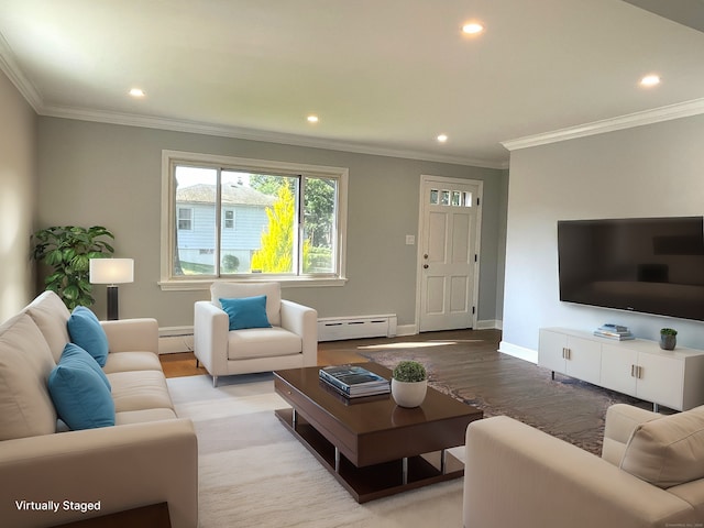 living room featuring crown molding, light hardwood / wood-style flooring, and baseboard heating