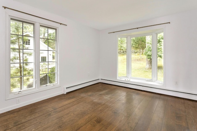 empty room with dark hardwood / wood-style flooring and a baseboard heating unit