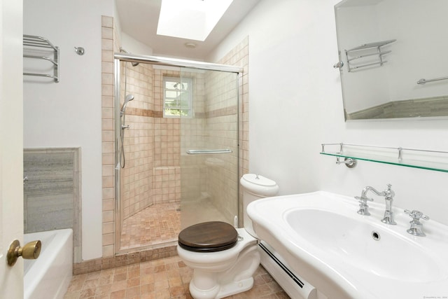 bathroom with walk in shower, toilet, and baseboard heating