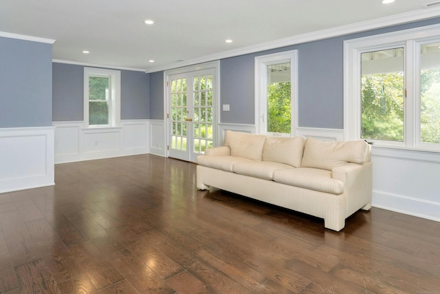 unfurnished living room with ornamental molding, a healthy amount of sunlight, dark hardwood / wood-style flooring, and french doors