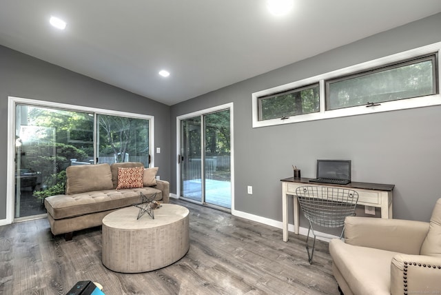 living room with hardwood / wood-style flooring and vaulted ceiling