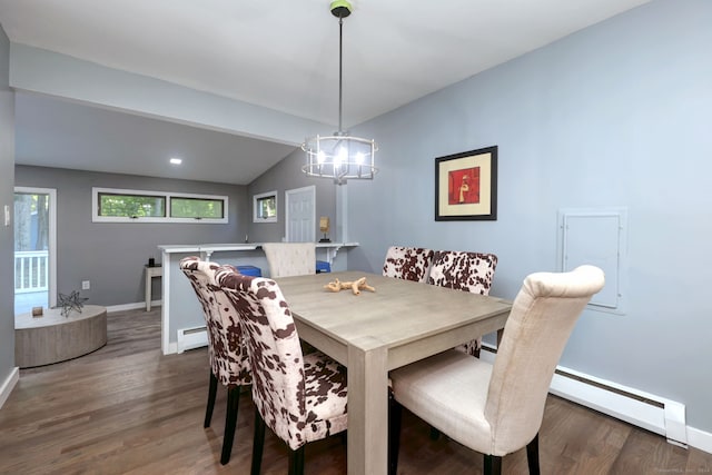 dining room with a baseboard heating unit, dark hardwood / wood-style floors, a notable chandelier, and vaulted ceiling with beams