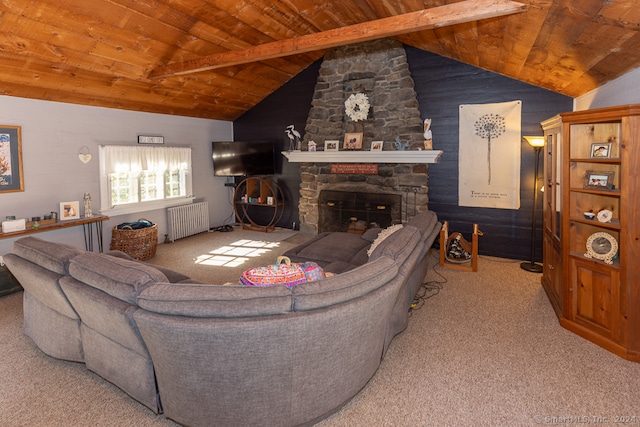 living room with vaulted ceiling with beams, a stone fireplace, radiator, light carpet, and wooden ceiling