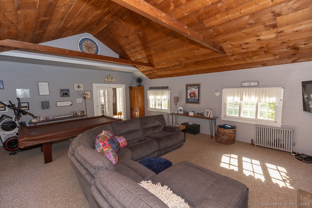 living room featuring carpet, lofted ceiling with beams, wood ceiling, and radiator heating unit