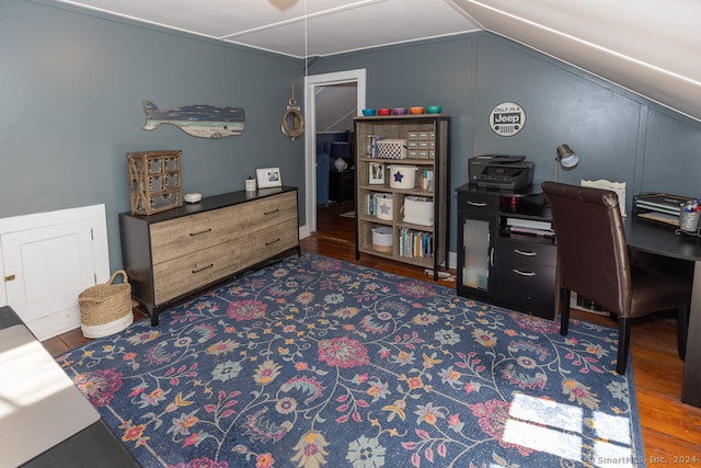 office with vaulted ceiling and hardwood / wood-style floors