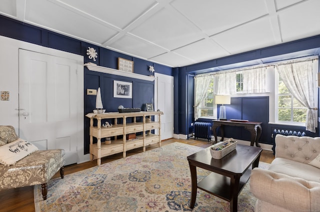 living room with hardwood / wood-style floors, radiator, and a wealth of natural light