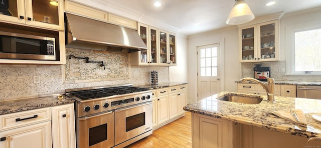 kitchen featuring light stone counters, a sink, ornamental molding, stainless steel appliances, and under cabinet range hood