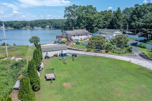 bird's eye view with a water view