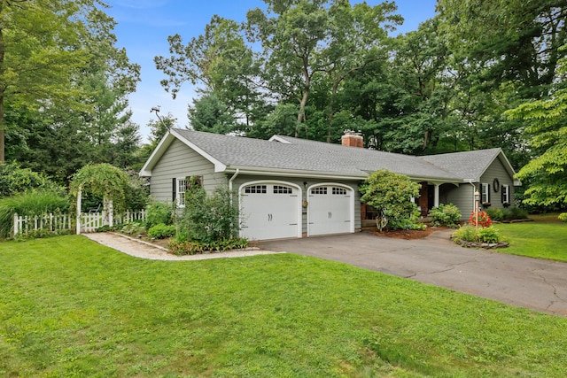 ranch-style home with a garage and a front lawn