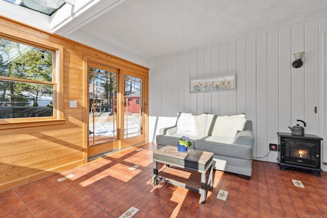 living room featuring a wood stove