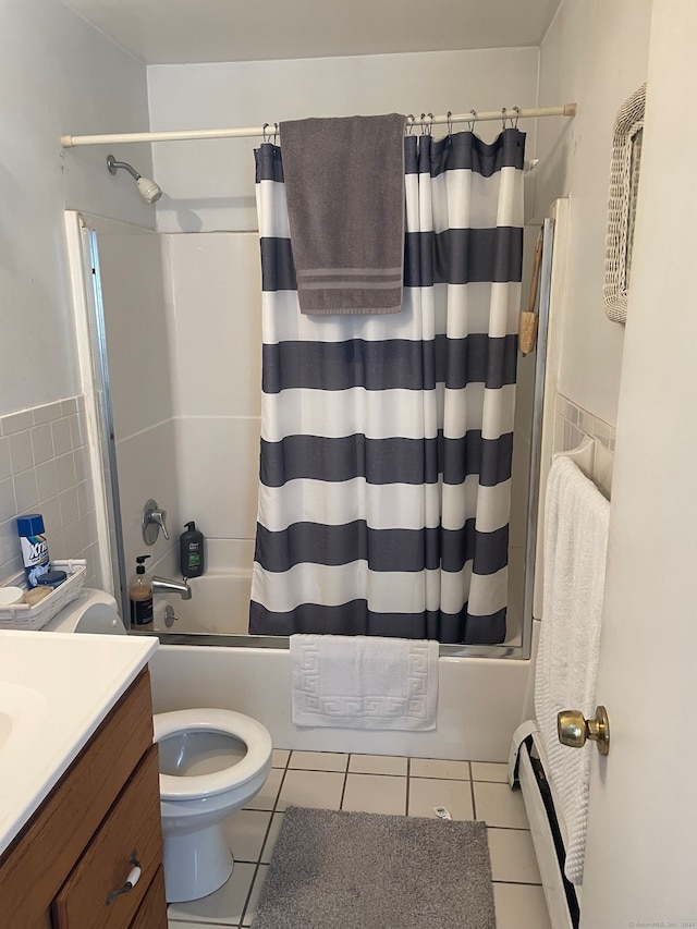 full bathroom with vanity, tile patterned flooring, toilet, and shower / bathtub combination with curtain