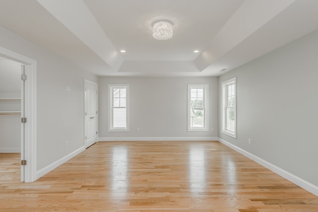 unfurnished living room featuring light wood-type flooring and a raised ceiling