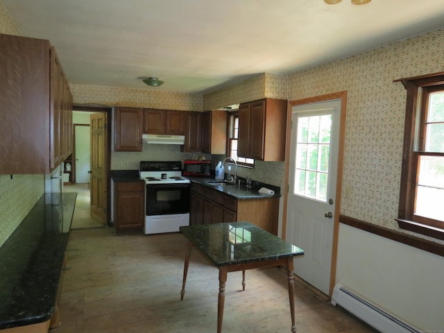 kitchen featuring sink, hardwood / wood-style flooring, range with electric cooktop, and baseboard heating