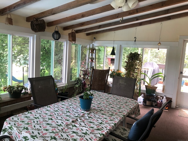 interior space with lofted ceiling with beams and plenty of natural light