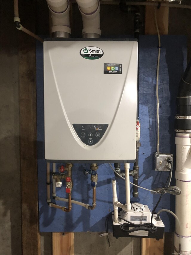 utility room with tankless water heater