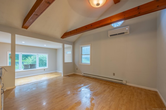 interior space featuring a wall mounted AC, baseboard heating, light hardwood / wood-style floors, and vaulted ceiling with beams