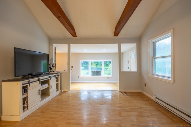 unfurnished living room with plenty of natural light, a baseboard heating unit, lofted ceiling with beams, and light wood-type flooring