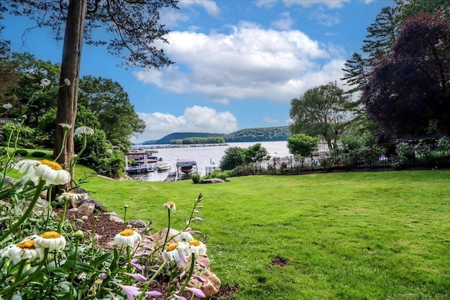 view of yard featuring a boat dock and a water view