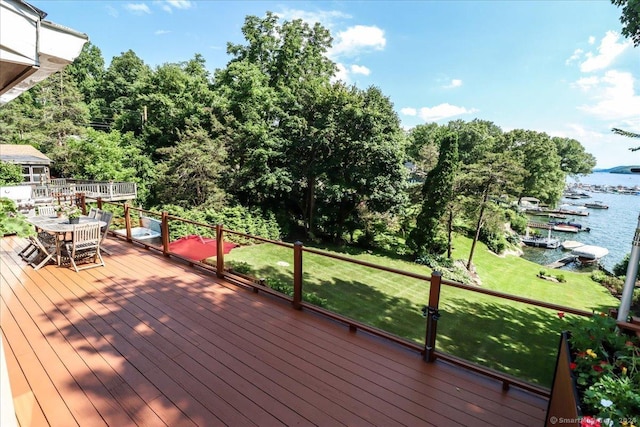 wooden deck featuring a water view and a yard