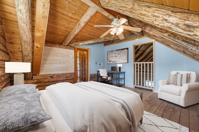 bedroom with lofted ceiling with beams, ceiling fan, hardwood / wood-style flooring, and wood ceiling