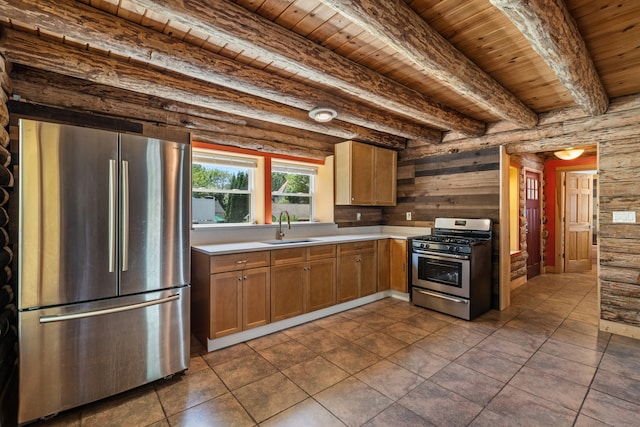 kitchen featuring tile patterned floors, stainless steel appliances, wooden ceiling, sink, and beam ceiling