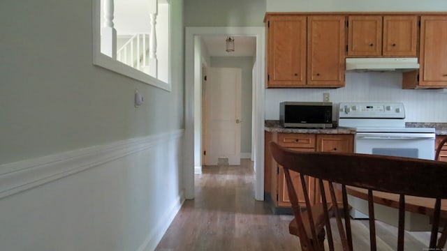 kitchen featuring electric range and hardwood / wood-style floors