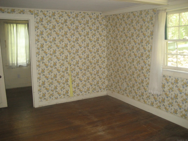 spare room featuring dark hardwood / wood-style floors, ornamental molding, and a wealth of natural light