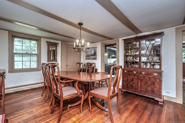 dining room featuring beamed ceiling, baseboard heating, dark hardwood / wood-style flooring, and an inviting chandelier